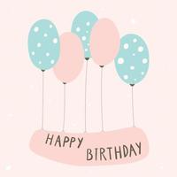 Vector illustration on a birthday theme. Cute pink and blue balloons are holding a happy birthday banner in the air. Party decoration.