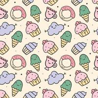 Vector cute seamless pattern. Doodle isolated illustrations. Sweets, donuts and muffins in bright colors. Decoration for background and wrapping paper.