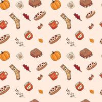 Vector illustration of a seamless pattern of doodle icons-stickers on the autumn theme. Warm colors, cartoon cozy style.