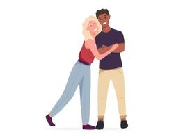 Happy cartoon vector illustration of standing man and woman. People are isolated on a white background. Positive African American and European couple. Fashionable clothes in a modern style.