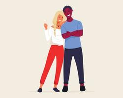 Ilustración de vector de dibujos animados feliz de hombre y mujer de pie. las personas están aisladas en un fondo blanco. pareja afroamericana y europea positiva. ropa de moda en un estilo moderno.