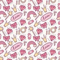 Vector pink seamless pattern. Cute doodle isolated illustration. Princess girl jewelry. Background or brown paper decoration.