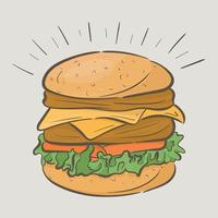 Tall delicious burger with two cutlets and cheese. Fast food vector illustration.