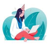 Vector flat illustration. Woman celebrating a birthday in front of a laptop. New normal, meeting with family and friends via video link.