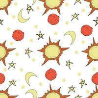 Nursery seamless pattern. Hand drawn  solar system, stars, planets, spaceships, rockets. vector