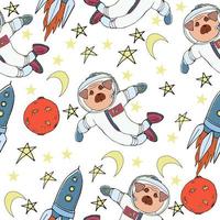 Nursery seamless pattern. Hand drawn cute little pugs astronauts in space. Puppies, stars, planets, spaceships, rockets. vector