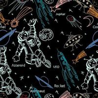 Space seamless pattern. Astronaut in outer space, stars, planets, rockets, space shuttle, ufo, comets. Hand drawn vector illustration.