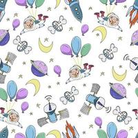 Nursery seamless pattern. Hand drawn cute little pugs astronauts in space. Puppies, stars, planets, spaceships, rockets. vector