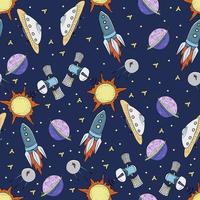 vivero de patrones sin fisuras. sistema solar dibujado a mano, estrellas, planetas, naves espaciales, cohetes. vector