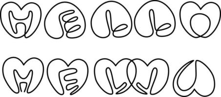 one line hello script, every letter in heart shape line vector illustration