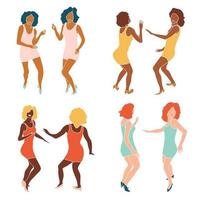 conjunto de chicas rizadas disco de color abstracto, siluetas de damas gemelas de pareja delgada bailando sin rostro para volantes, tarjetas, carteles diseño ilustración vectorial vector