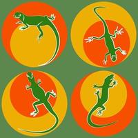 set of silhouette of green lizards with white outline on bright multicilired roun spots vector illustration