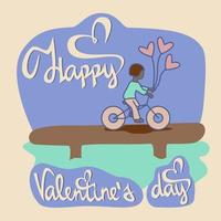 Happy valentines day card, boy on bicycle with heart shape baloons vector