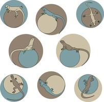 set of different lizards round frame earth colors vector illustration