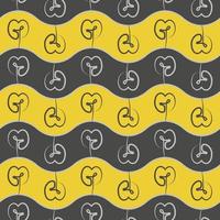 pattern of yellow-grey stripes with blue wavy lines and one line drawn heart-shape flowers vector