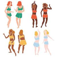 conjunto de chicas disco de color abstracto, siluetas de damas gemelas de pareja delgada sin rostro bailando para volantes, tarjetas, carteles diseño ilustración vectorial