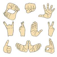 gestos de las manos conjunto de bocetos de tinta dibujados a mano. pulgar hacia arriba, ok, super, puño, dedos cruzados, signo de paz, ilustración de vector de gesto popular de palma abierta