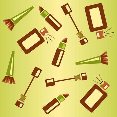 colored pattern of cosmetics objects, lipstick, brush, perfume vector illustration
