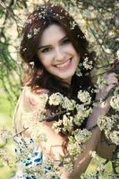 beautiful white european girl with clean skin in the park with flowering trees photo