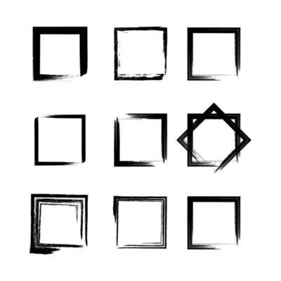 Grungy square blob spots. Set of black vintage frames. Vector strokes illustration.