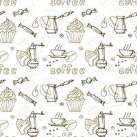 hand drawn coffee doodles drinks, desserts, beans and other related objects. Vector seamless pattern