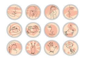 Set of various vector highlight covers with womens face and hands. Beautiful round icons for social media stories. Hand drawn templates. Abstract backgrounds.