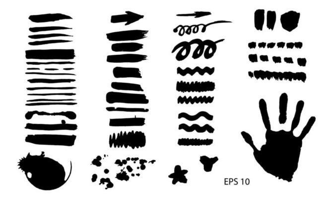 Vector set with brush strokes, texture hand drawn illustration. Black spot on the white background.