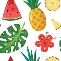 Vector Seamless Pattern with Watermelon, Pineapple, Hibiscus Flower