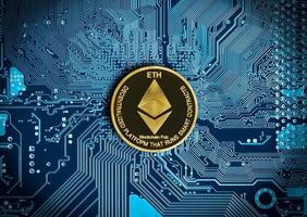 moneda ethereum sobre fondo digital de circuito azul foto