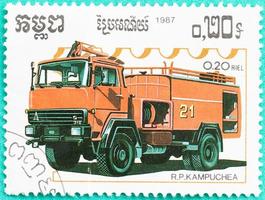 Postage stamps with printed in Cambodia shows firetruck photo