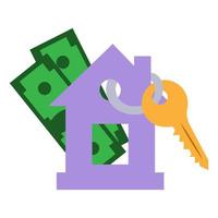 The keychain icon is a house with keys on a background of money, a flat color illustration. Vector