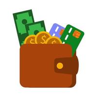 A wallet with green paper dollars, a card and coins. Financial investments in business. Vector