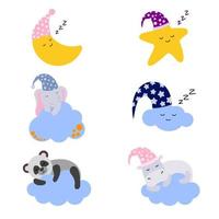 A set of cute animals sleeping in the clouds, a sleeping moon and a star. Cartoon character. Lullaby theme. Vector illustration.