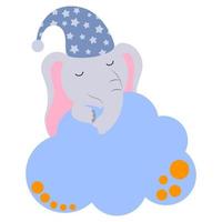 The cartoon elephant sleeps on a cloud. Good night, lullaby theme. Vector isolated on a white background