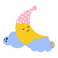 Cartoon moon sleeps in the clouds in a sleep cap. Good night, lullaby theme. Vector isolated on a white background.