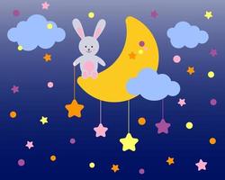 A cute hare sits on a crescent moon and holds a star. Cartoon character for invitation, poster, print and greeting card. Children's background with moon, stars, clouds. Vector illustration