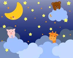 lindo oso, cerdo y jirafa sentados en una nube. personaje de dibujos animados para invitación, póster, impresión y tarjeta de felicitación. fondo infantil con luna, estrellas, nubes. ilustración vectorial vector