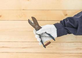 Hand in glove holding plier photo