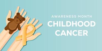 Childhood cancer awareness month illustration with hands holding yellow ribbon and teddy bear vector