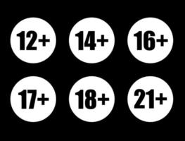 solo contenido para adultos restricción de edad 12, 14, 16, 17, 18, 21 menores de años iconos signos conjunto ilustración vectorial