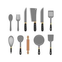 Cooking utensil set vector illustration with knife, meat knife, rolling pin, frying pan, spatula, whisk, fork and spoon