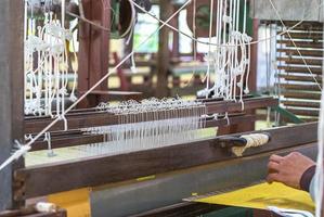 Weave silk cotton on the manual wood loom photo