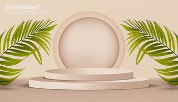 Realistic 3d podium stage with palm leaf for product beauty vector