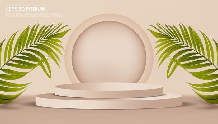 Realistic 3d podium stage with palm leaf for product beauty