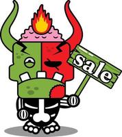 cartoon character costume vector illustration cute zombie demon mascot holding a selling board