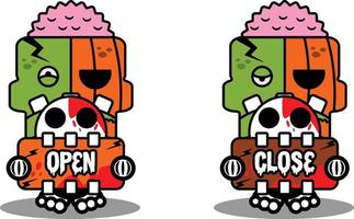 personaje de dibujos animados disfraz vector ilustración calabaza zombie mascota sosteniendo tablero abierto y cerrado