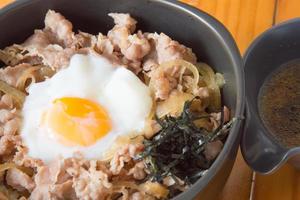 Fried Pork with Rice with Soy Sauce and Poached Egg photo