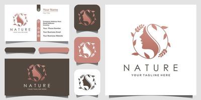 woman face with leaf style stylized silhouette, beauty salon logo, business card design. vector