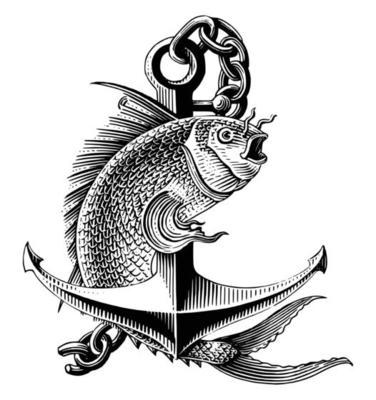 Sea fish jumping around anchor hand draw vintage engraving style black and white clip art isolated on white background