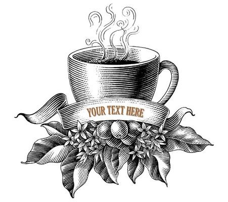 Coffee shop logo design hand draw vintage engraving style black and white clip art isolated on white background